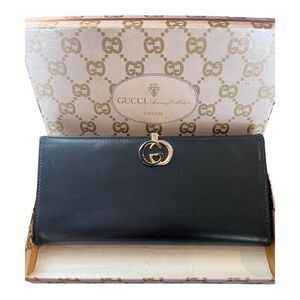 Gucci Bifold Long Card Purse Interlocking Leather Wallet Black GVUC